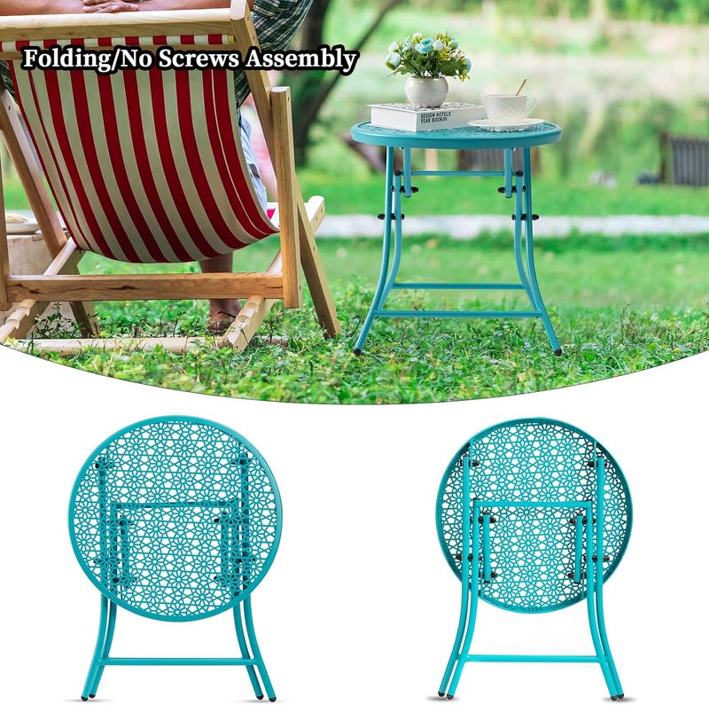 TeoKJ Folding Outdoor Side Tables, Anti Rust Small Patio Table Round Metal Nightstand with Flower Cutouts for Porch Yard Balcony Deck Lawn, Blue - Image 4